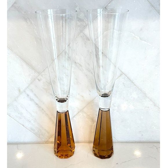 2 Gorgeous Vintage Handblown Champagne Glasses w/Heavy Amber Faceted Bases 9.5" - Picture 1 of 6
